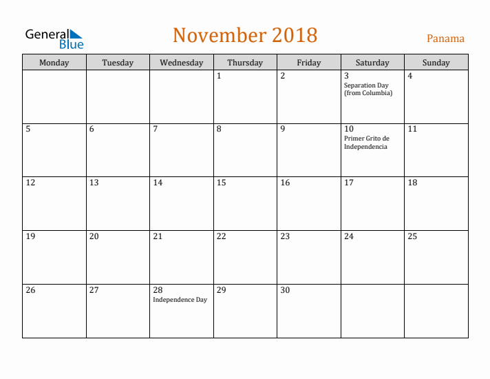 November 2018 Holiday Calendar with Monday Start