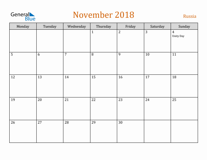 November 2018 Holiday Calendar with Monday Start