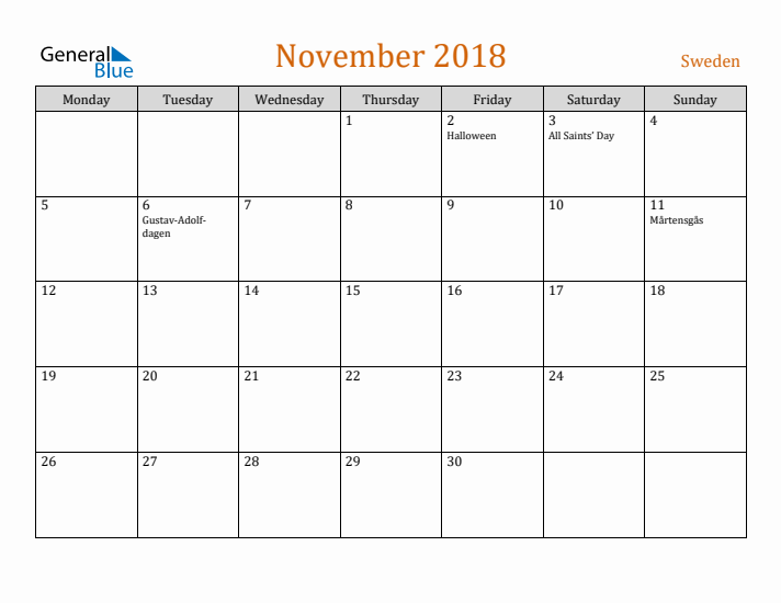 November 2018 Holiday Calendar with Monday Start