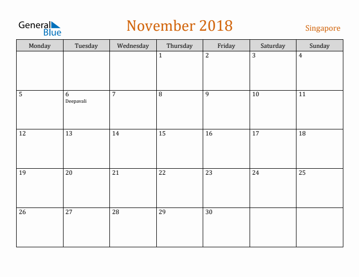 November 2018 Holiday Calendar with Monday Start