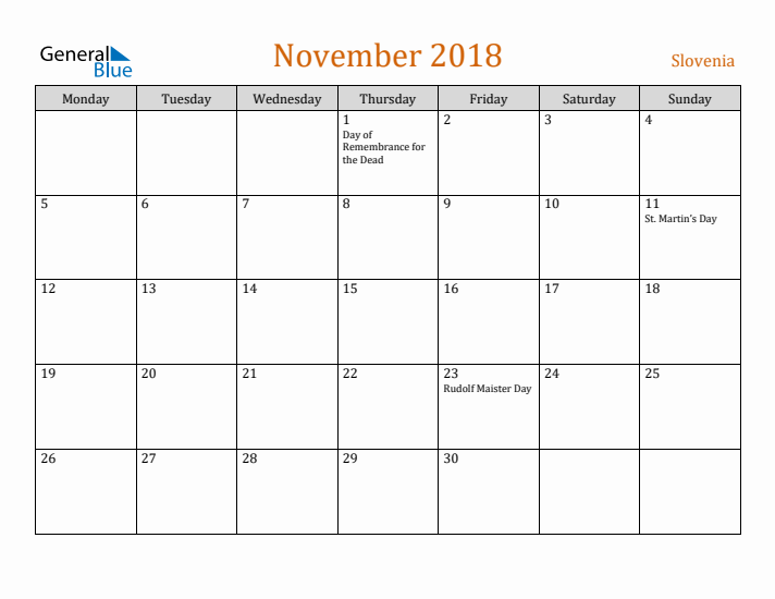 November 2018 Holiday Calendar with Monday Start