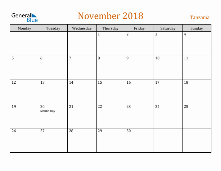 November 2018 Holiday Calendar with Monday Start