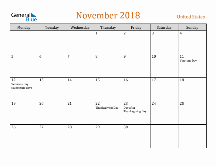 November 2018 Holiday Calendar with Monday Start