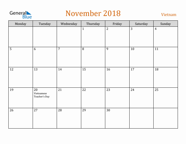 November 2018 Holiday Calendar with Monday Start