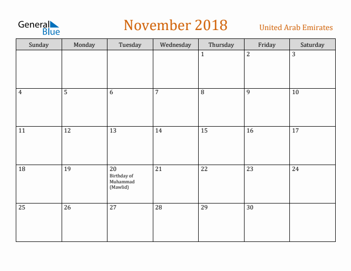 November 2018 Holiday Calendar with Sunday Start