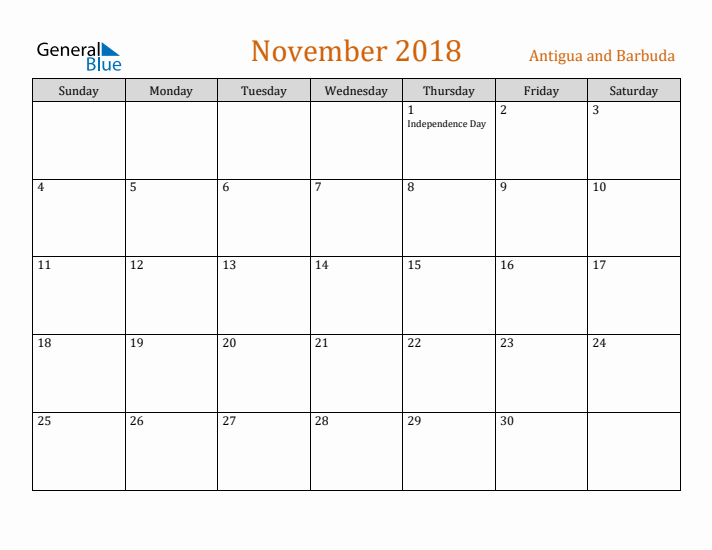 November 2018 Holiday Calendar with Sunday Start