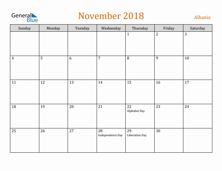 November 2018 Holiday Calendar with Sunday Start