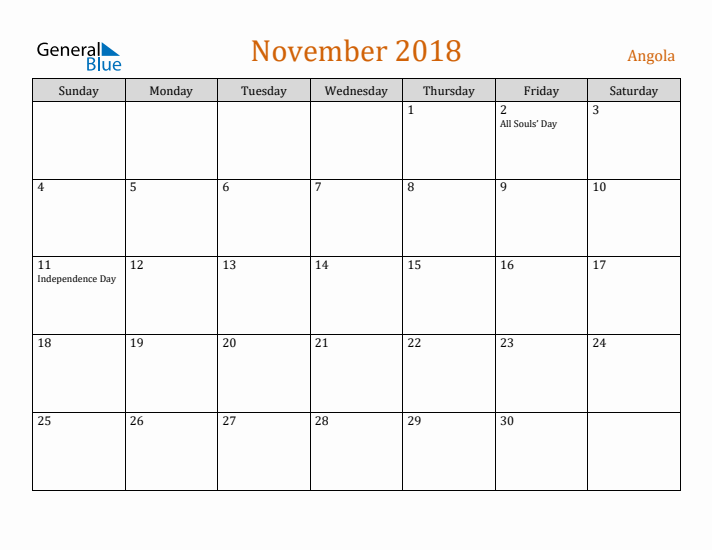 November 2018 Holiday Calendar with Sunday Start