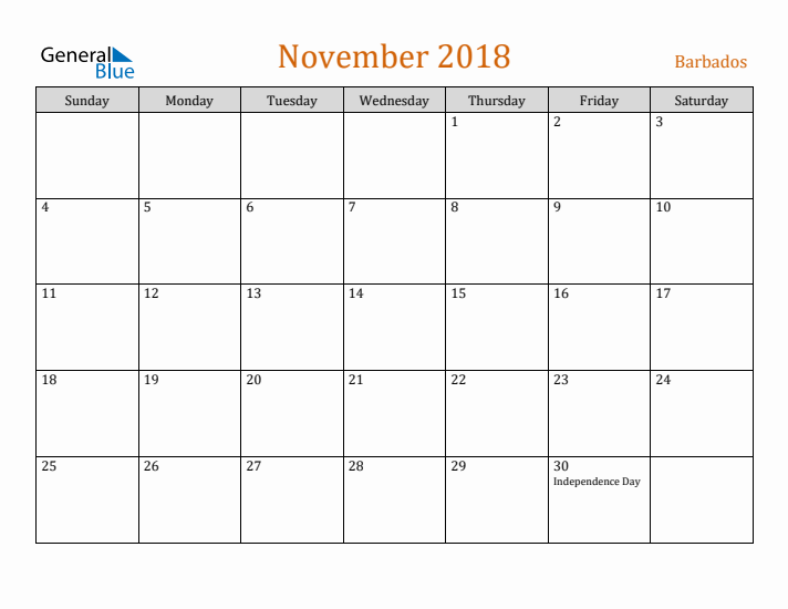 November 2018 Holiday Calendar with Sunday Start