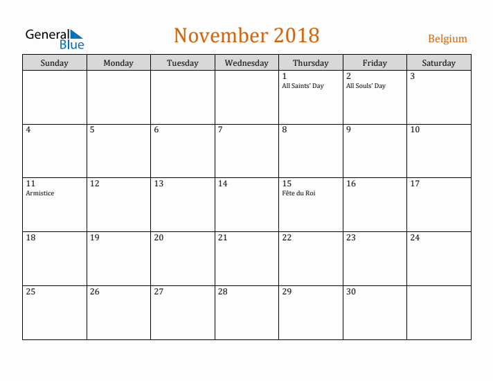 November 2018 Holiday Calendar with Sunday Start