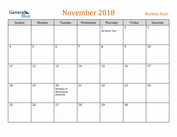 November 2018 Holiday Calendar with Sunday Start