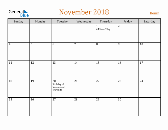 November 2018 Holiday Calendar with Sunday Start