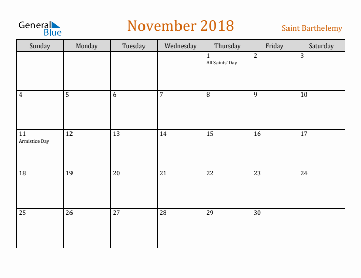 November 2018 Holiday Calendar with Sunday Start