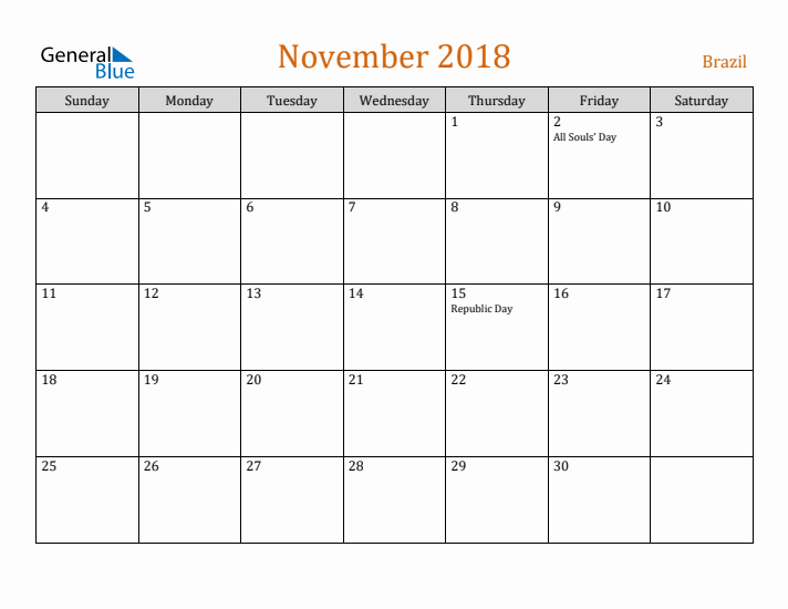 November 2018 Holiday Calendar with Sunday Start