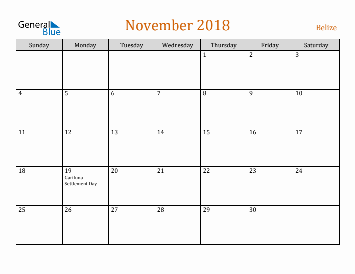 November 2018 Holiday Calendar with Sunday Start