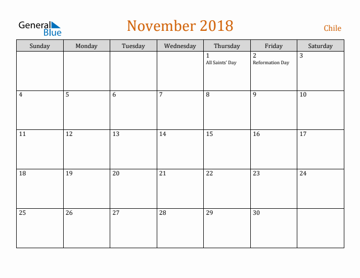 November 2018 Holiday Calendar with Sunday Start