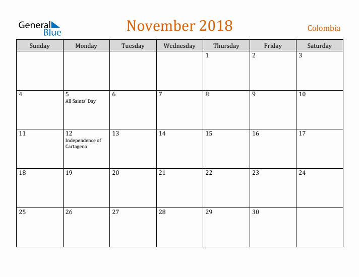 November 2018 Holiday Calendar with Sunday Start