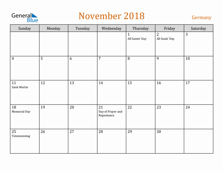 November 2018 Holiday Calendar with Sunday Start