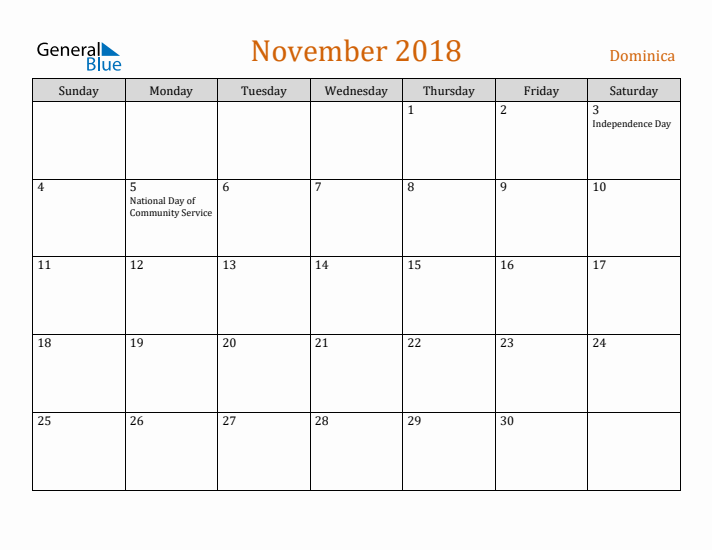 November 2018 Holiday Calendar with Sunday Start