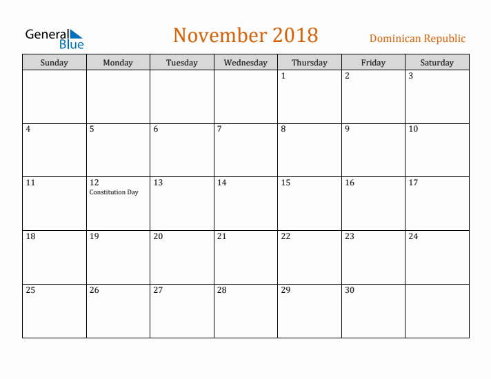 November 2018 Holiday Calendar with Sunday Start