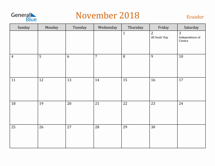 November 2018 Holiday Calendar with Sunday Start