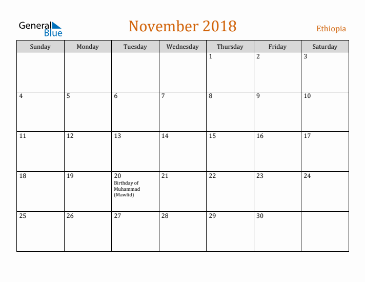 November 2018 Holiday Calendar with Sunday Start