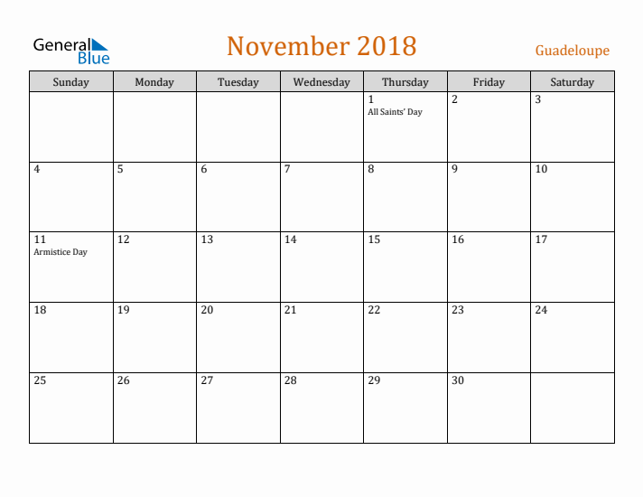 November 2018 Holiday Calendar with Sunday Start