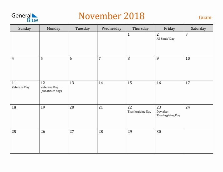 November 2018 Holiday Calendar with Sunday Start