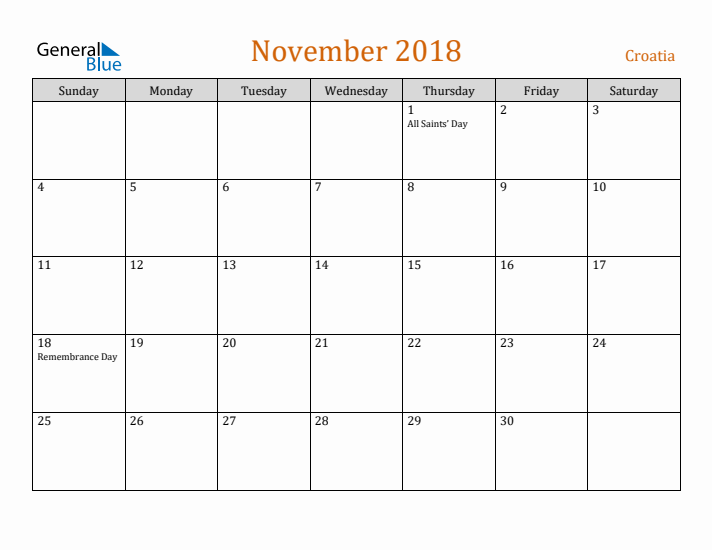 November 2018 Holiday Calendar with Sunday Start