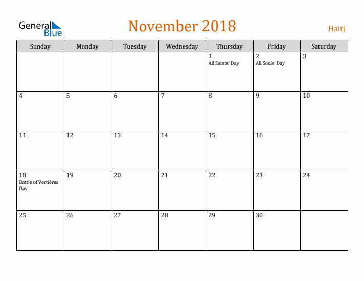 November 2018 Holiday Calendar with Sunday Start