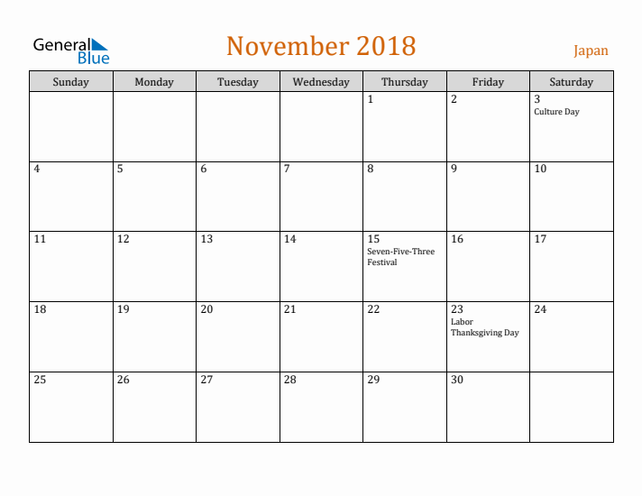 November 2018 Holiday Calendar with Sunday Start