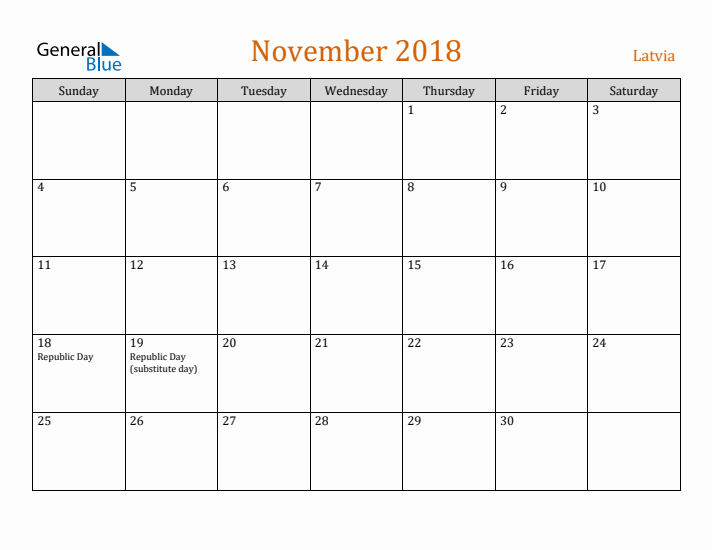 November 2018 Holiday Calendar with Sunday Start