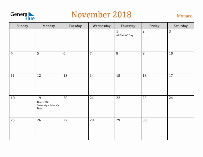 November 2018 Holiday Calendar with Sunday Start