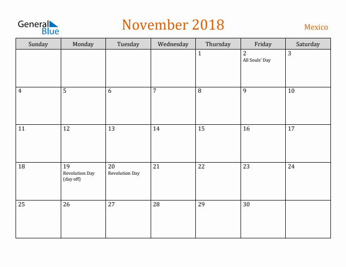 November 2018 Holiday Calendar with Sunday Start