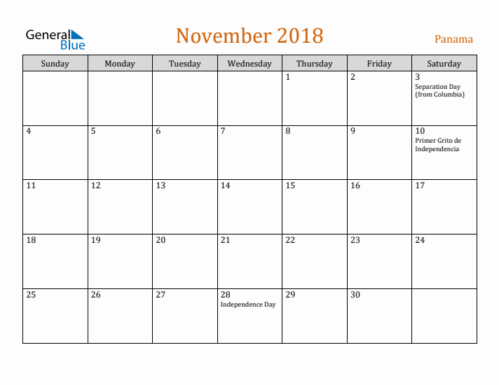 November 2018 Holiday Calendar with Sunday Start