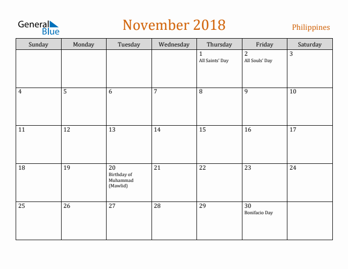 November 2018 Holiday Calendar with Sunday Start