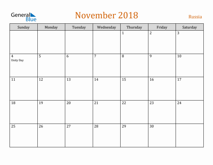 November 2018 Holiday Calendar with Sunday Start