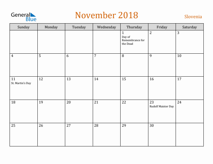 November 2018 Holiday Calendar with Sunday Start