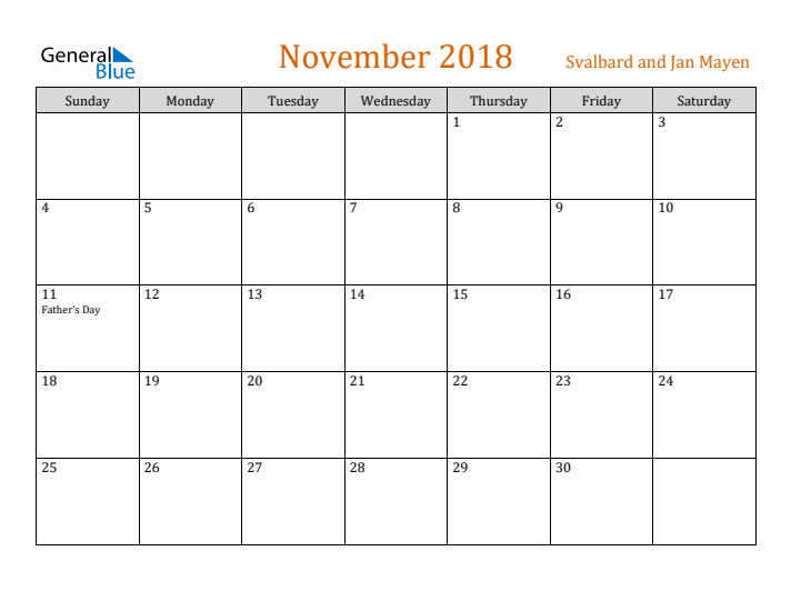 November 2018 Holiday Calendar with Sunday Start