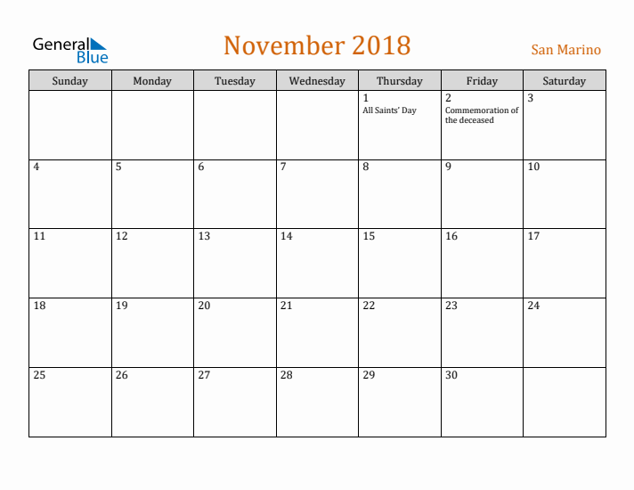 November 2018 Holiday Calendar with Sunday Start