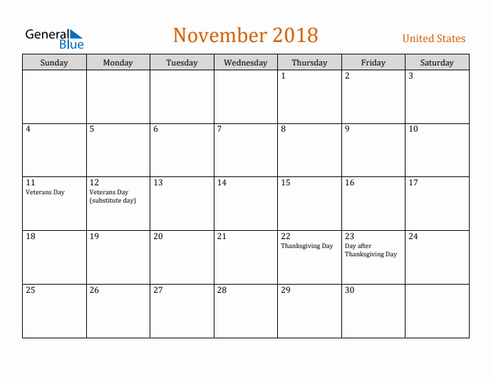 November 2018 Holiday Calendar with Sunday Start