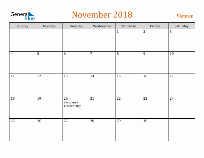 November 2018 Holiday Calendar with Sunday Start