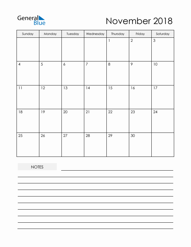 Printable Calendar with Notes - November 2018 