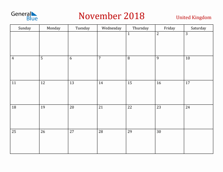 United Kingdom November 2018 Calendar - Sunday Start