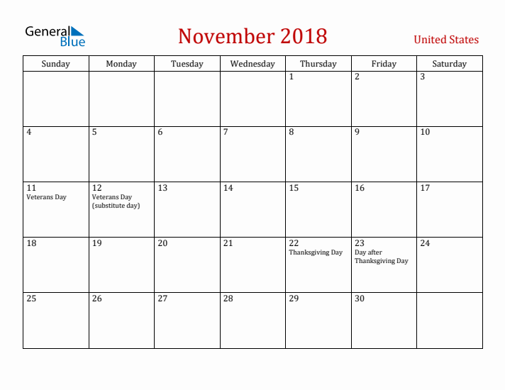 United States November 2018 Calendar - Sunday Start