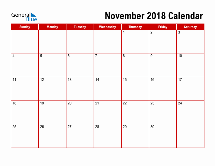 Simple Monthly Calendar - November 2018