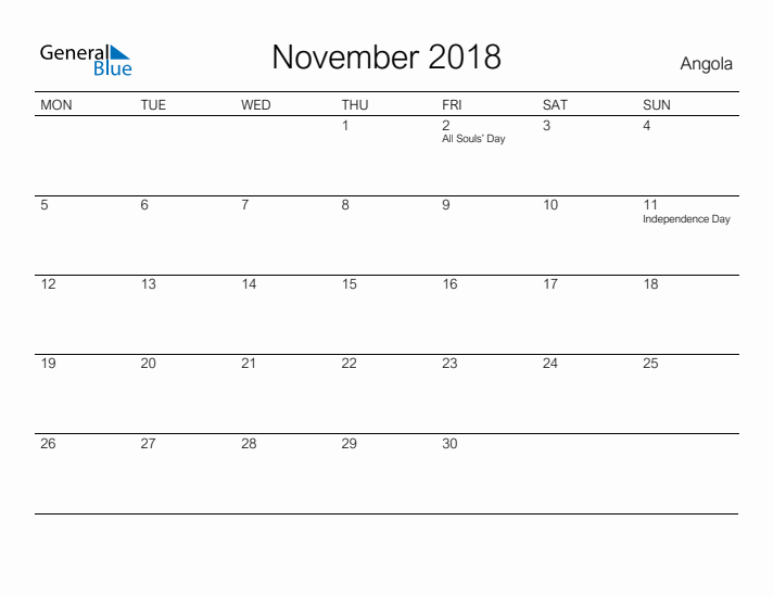 Printable November 2018 Calendar for Angola