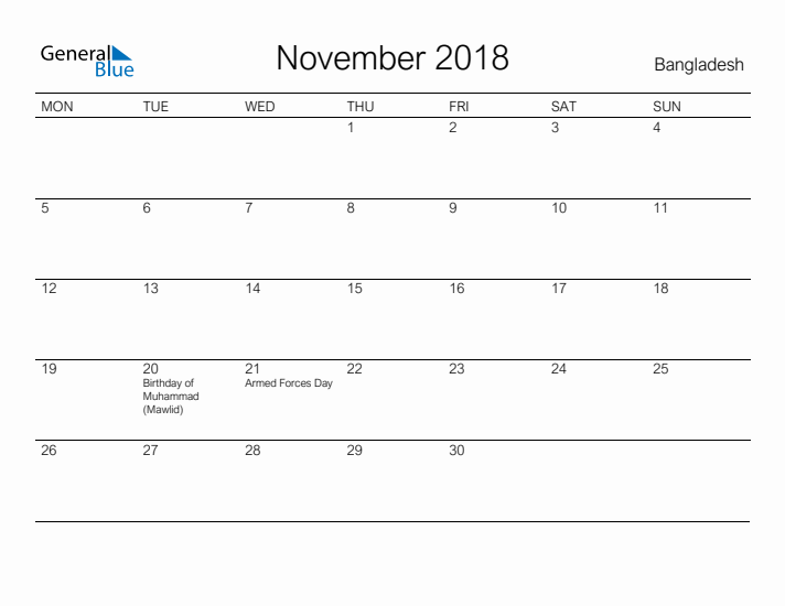 Printable November 2018 Calendar for Bangladesh