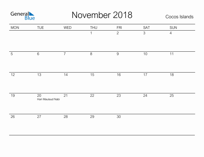 Printable November 2018 Calendar for Cocos Islands