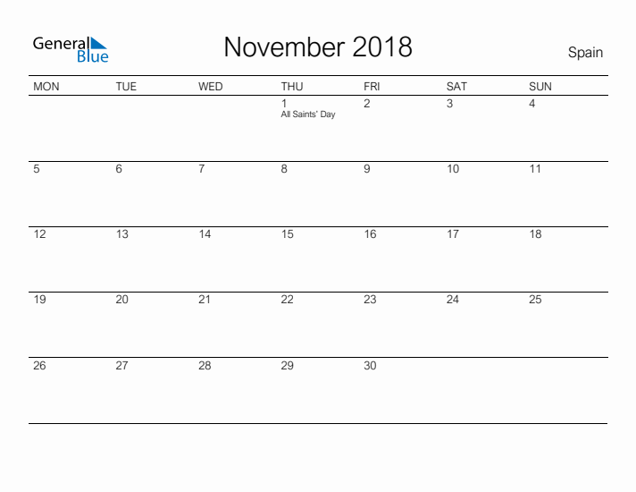 Printable November 2018 Calendar for Spain